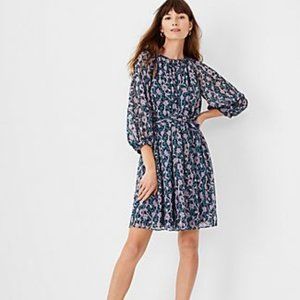 Ann Taylor Floral Belted Flare Dress In Ominous Teal